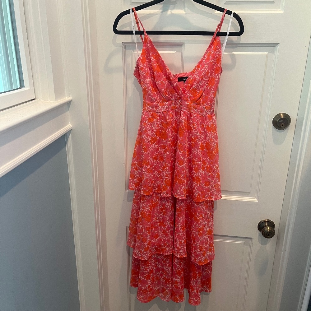 Lulus Tiered dress pink orange size small wedding rush sorority